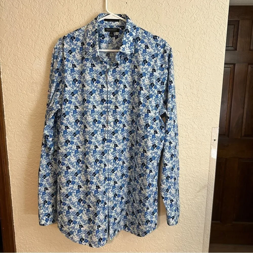 Banana Republic Slim Non-Iron ‎ Blue Floral Cotton Men's Long Sleeve Shirt Large
